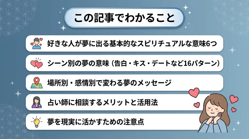 好きな人が夢に出てくる場合のスピリチュアルな意味は両思いの予兆【夢占い】？告白・キスなど状況別に解説
